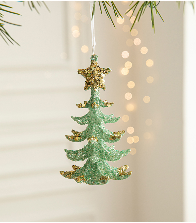 V888-ELOSUNG10509-205345-00 Green Glitter Christmas Tree Ornament with Gold Star Top - Hanging Festive Decoration 5 pieces - Image 1