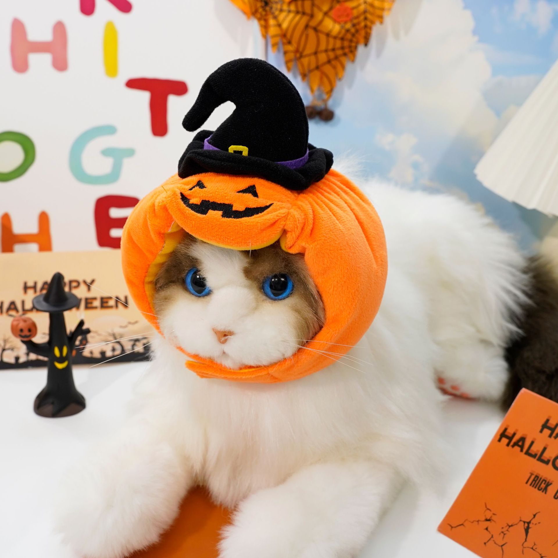 V888-ELOSUNG10521-205521-00 Halloween Pumpkin Hat for Cats - Adjustable Pet Costume with Witch Hat for Halloween Parties 3 pieces - Image 1