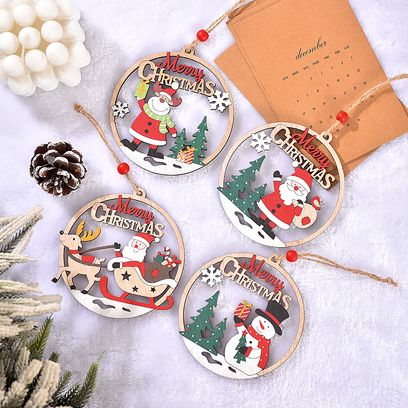 V888-ELOSUNG10522-205513-00 Set of 4 Wooden Christmas Hanging Ornaments – Santa, Snowman, and Reindeer Decorations (2 set, 8 pieces in total)) - Image 1