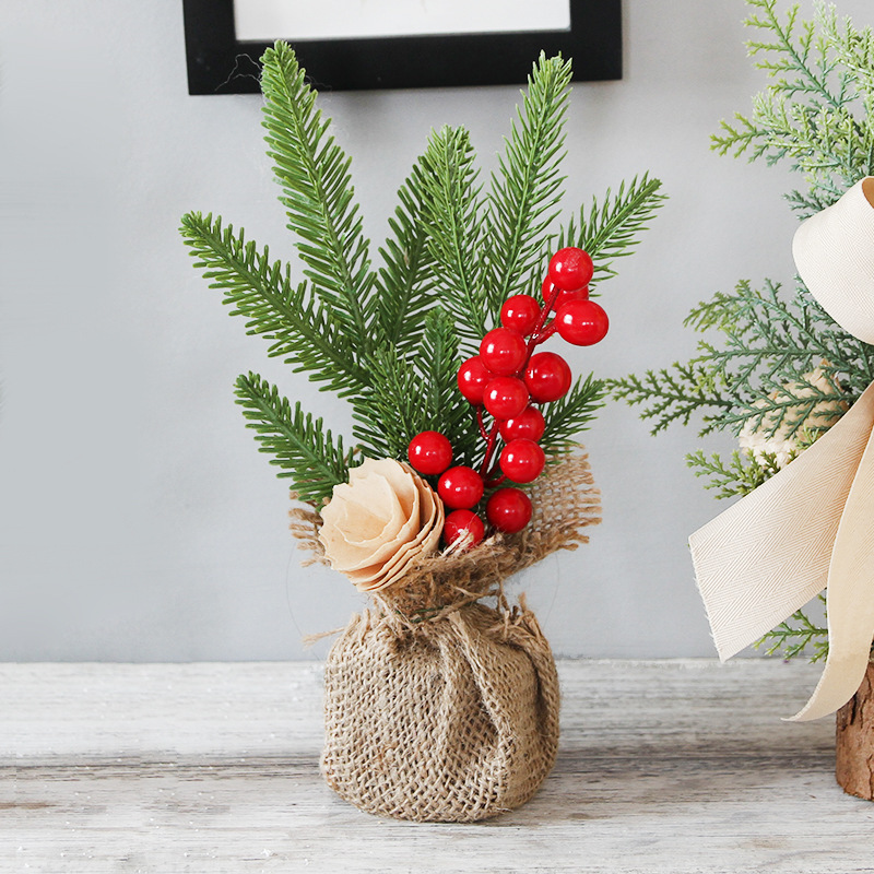 V888-ELOSUNG10523-205522-00 Mini Christmas Pine Tree Decoration - 10.24 Inches Tall with Red Berries and Burlap Base (4 trees) - Image 1