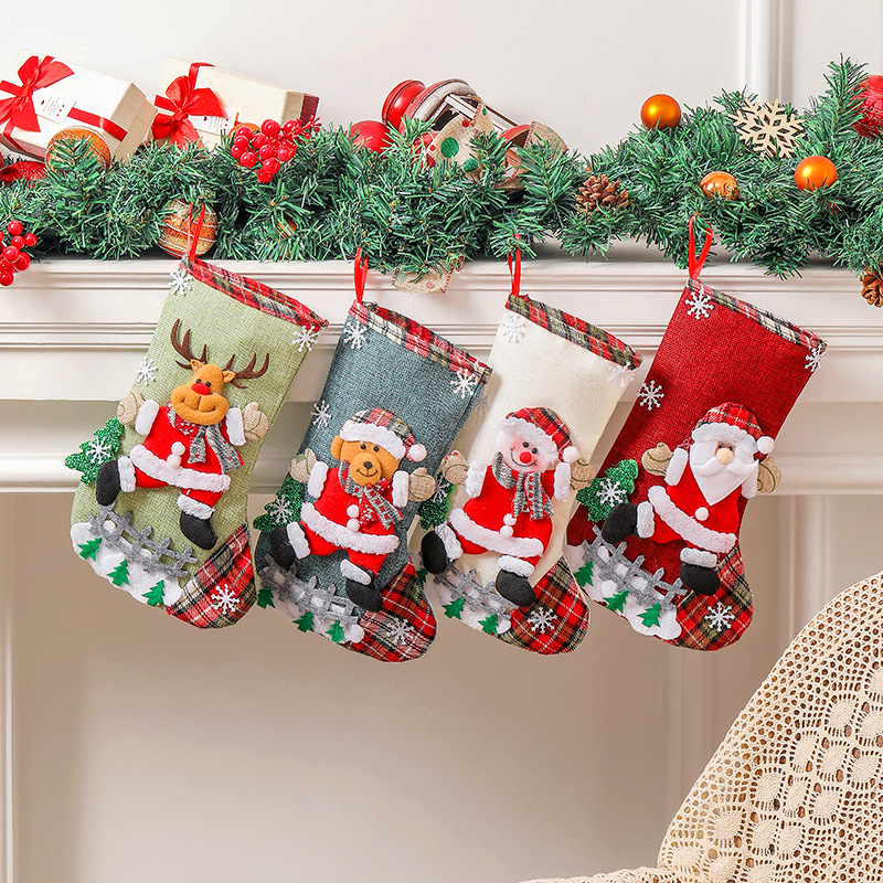 V888-ELOSUNG10530-205547-00 Set of 4 Christmas Stockings with Santa, Reindeer, Snowman, and Teddy Bear - Holiday Mantel Decor - Image 1