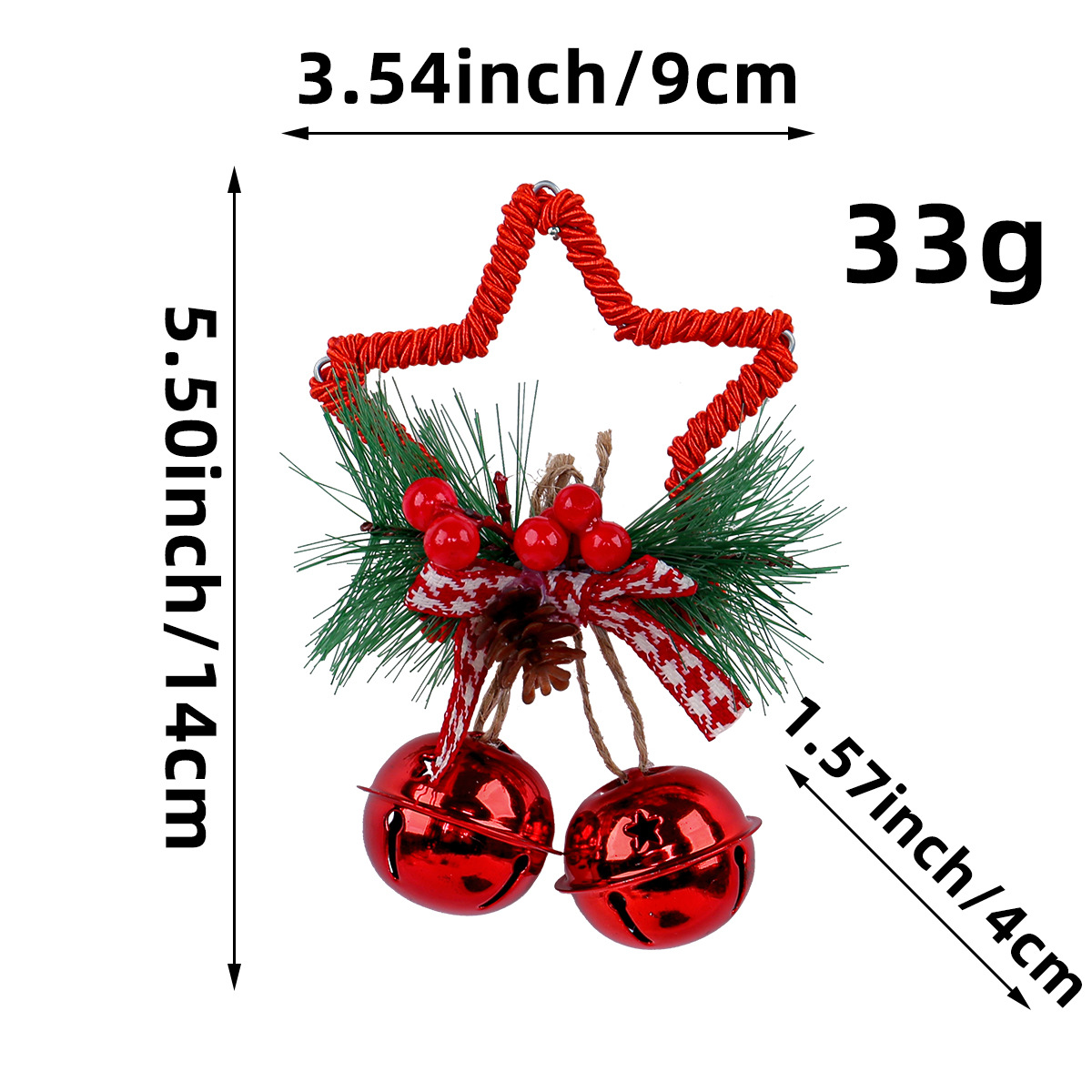 V888-ELOSUNG10531-205551-00 Red Star Christmas Ornament with Bells and Pinecone - Holiday Wreath Decoration 10 pieces - Image 1