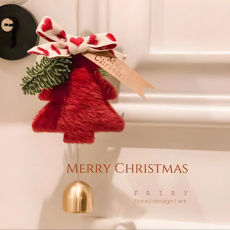 V888-ELOSUNG10534-205554-00 Red Velvet Christmas Tree Ornament with Ribbon and Bell - Festive Holiday Decoration 5 pieces - Image 1