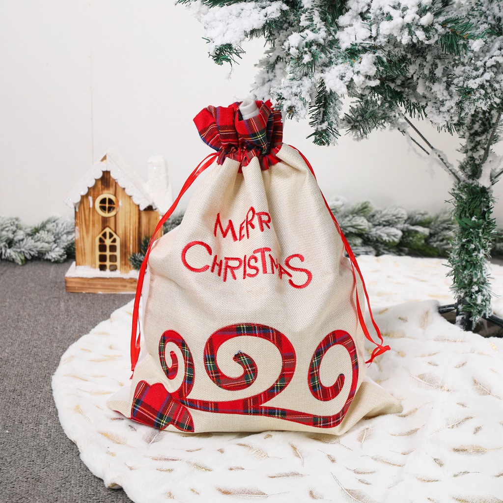V888-ELOSUNG10554-205566-00 Large Merry Christmas Drawstring Gift Bag with Plaid Accents - Perfect for Holiday Presents (3 pieces) - Image 1