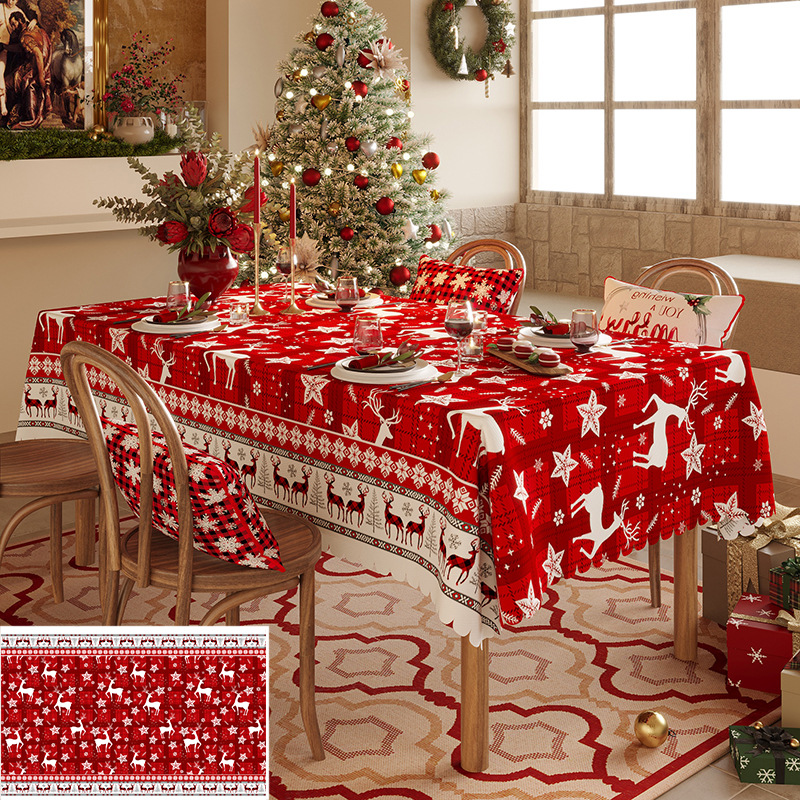 V888-ELOSUNG10773-205593-00 Christmas Reindeer Pattern Tablecloth - Festive Red Holiday Table Cover for Dining and Home Decor 140*220cm - Image 1