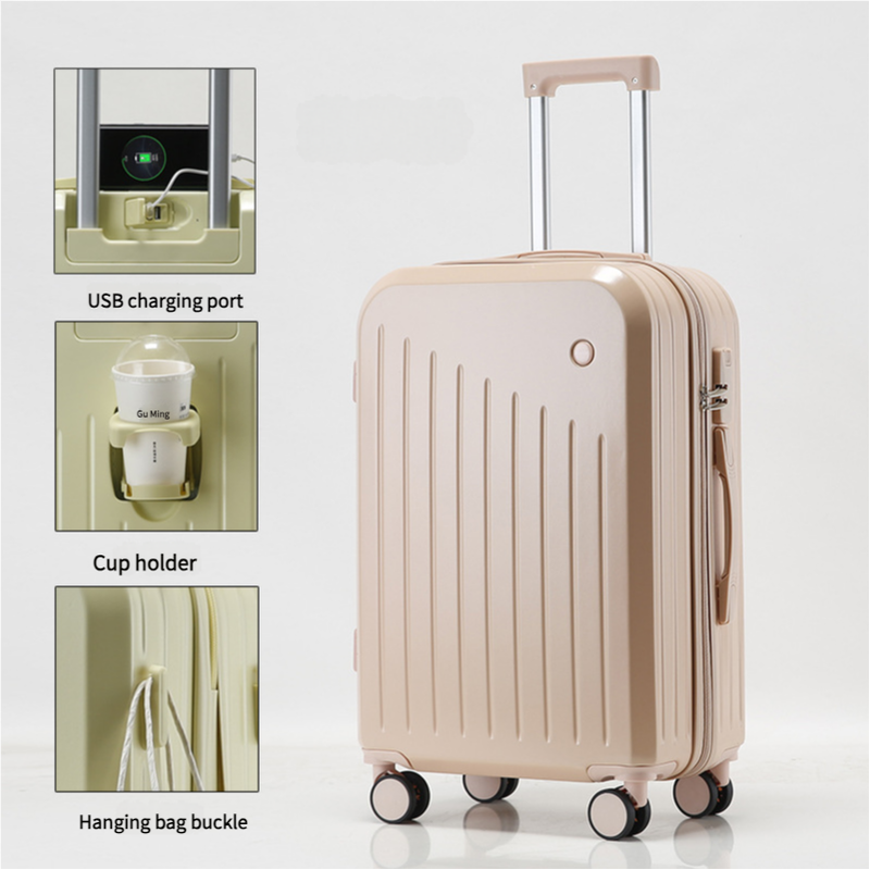 V888-ELOSUNG10782-205839-00 Smart Carry-On Luggage with Cup Holder & USB Charging Port - Pink Color Spinner Suitcase for Travel Convenience 24 inch - Image 1