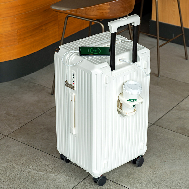 V888-ELOSUNG10832-206388-00 Smart Hard-Shell Luggage with USB Charging Port & Cup Holder - 24"Spinner Suitcase in White - Image 1