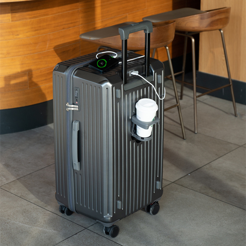 V888-ELOSUNG10833-206387-00 Smart Hard-Shell Luggage with USB Charging Port & Cup Holder - 20"Spinner Suitcase in Grey - Image 1