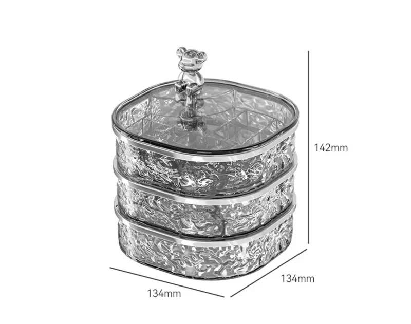 V888-ELOSUNG10860-206261-00 Elegant Crystal Stackable Jewelry Organizer with Bear Handle - 3-Tier Display Box for Accessories 13.4*13.4*14.2cm (grey) - Image 1