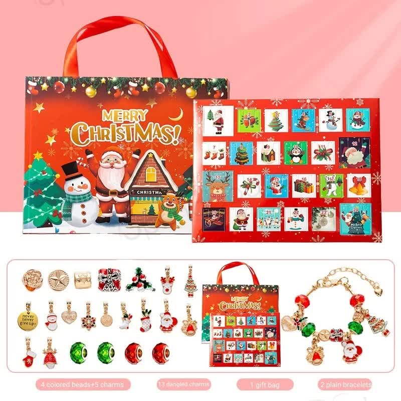 V888-ELOSUNG10928-205976-00 Christmas Charm Bracelet Advent Calendar - Festive Jewelry Gift Set with Pendants and Beads - Image 1