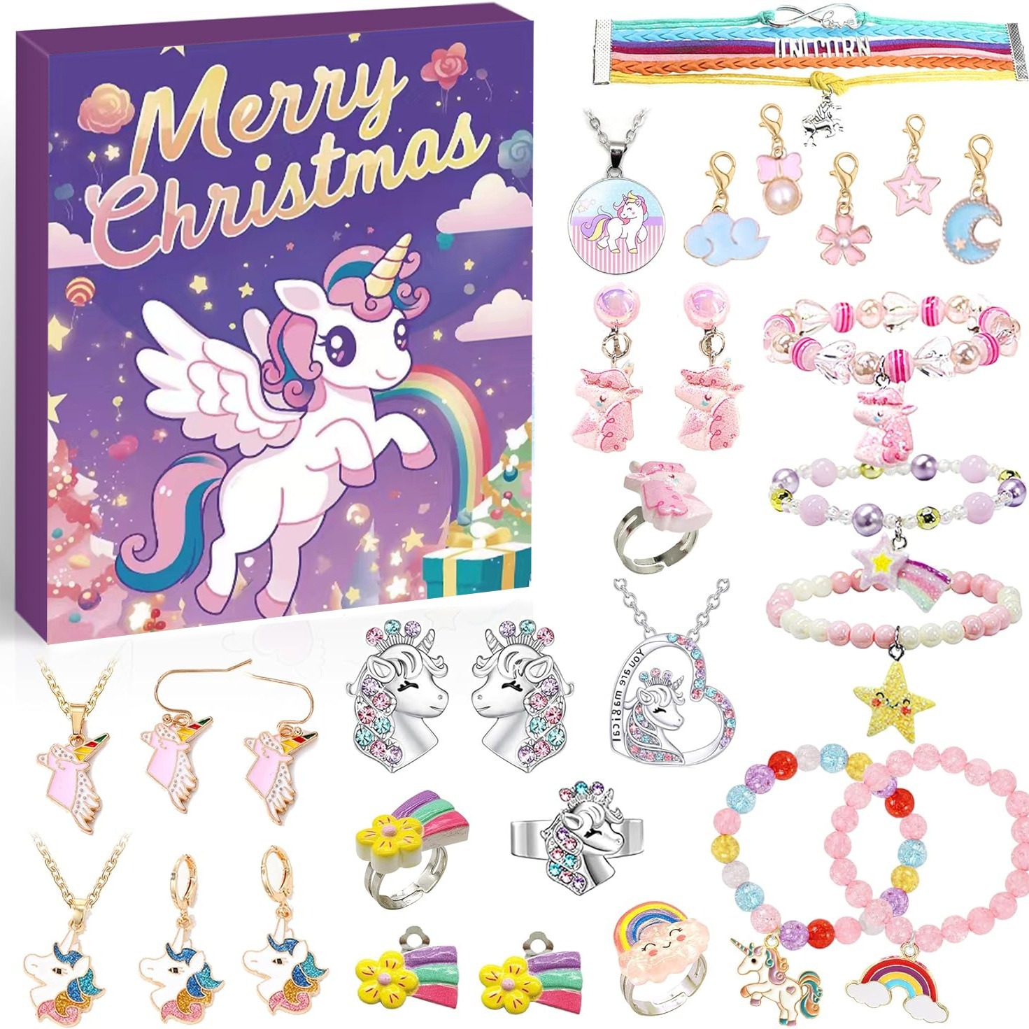 V888-ELOSUNG10929-205977-00 Unicorn-Themed Jewelry Advent Calendar - DIY Bracelets, Charms, and Accessories Gift Set - Image 1