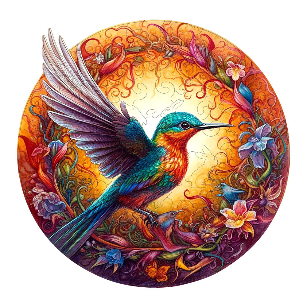 V888-ELOSUNG10957-206007-00 Round Hummingbird Wooden Puzzle - Vibrant Floral Design (M-paper box-H159) - Image 1