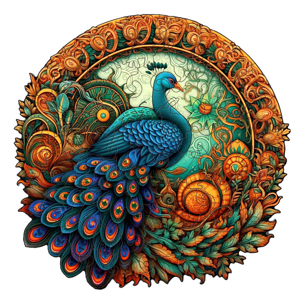 V888-ELOSUNG10964-206014-00 Round Peacock Wooden Puzzle - Intricate Nature-Inspired Art Puzzle(L-paper box-H161) - Image 1