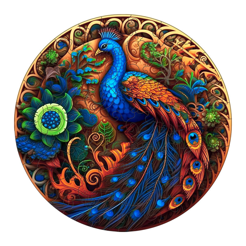 V888-ELOSUNG10966-206016-00 Round Peacock Wooden Puzzle - Intricate Nature-Inspired Art Puzzle(M-paper box-H162) - Image 1
