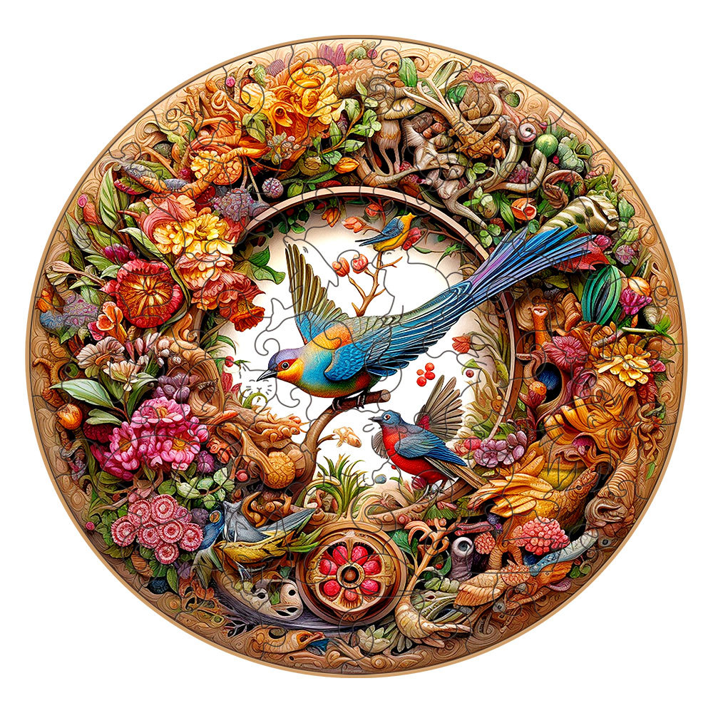 V888-ELOSUNG10981-206031-00 Intricate Garden Birds Round Wooden Puzzle - Vibrant Nature-Themed Artwork(M-paper box-H188) - Image 1