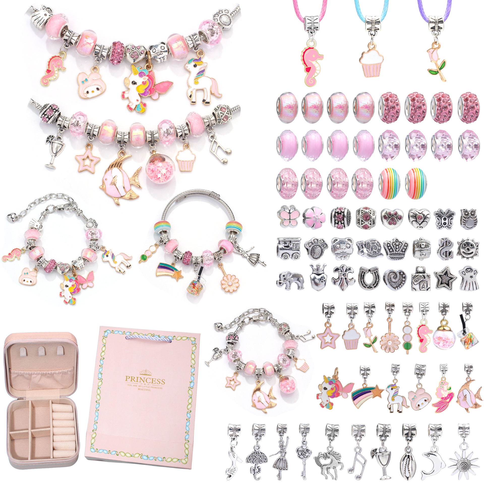 V888-ELOSUNG10993-206075-00 DIY Charm Bracelet Making Kit - Colorful Beads and Charms Set with Storage Box(76PCS) - Image 1