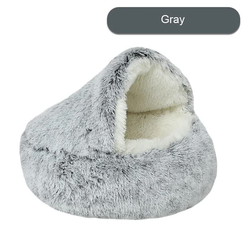 V888-ELOSUNG11037-206419-00 Cozy Gray Plush Hooded Pet Bed - Ultra Soft Long Fur Cave Bed for Small Pets 40cm - Image 1