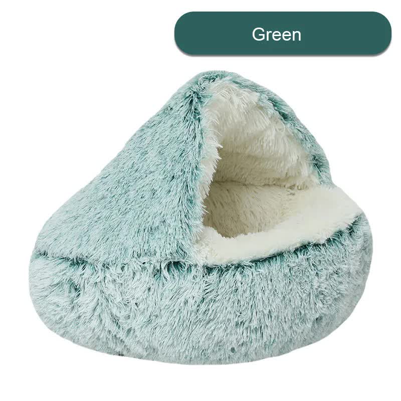 V888-ELOSUNG11040-206422-00 Cozy Green Plush Hooded Pet Bed - Ultra Soft Long Fur Cave Bed for Small Pets 40cm - Image 1