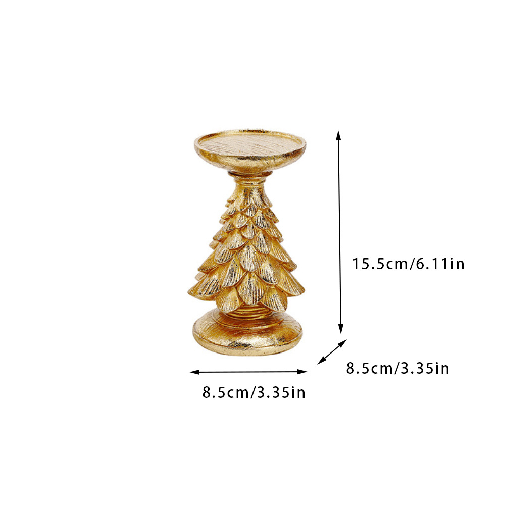 V888-ELOSUNG11079-206486-00 Gold Christmas Tree Candle Holder - Elegant Resin Pillar Stand, 15.5cm Festive Decoration - Image 1
