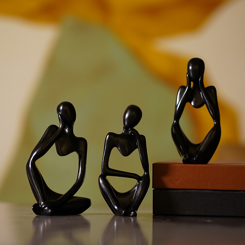 V888-ELOSUNG11084-206489-00 Abstract Thinker Sculpture Set - Black Resin Figurines, Modern Art Home Decor, Set of 3 - Image 1