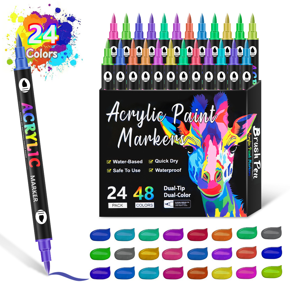 V888-ELOSUNG11127-206931-00 24-Pack Dual-Tip Acrylic Paint Markers - 48 Vibrant Colors, Waterproof & Quick-Dry for Art Projects - Image 1