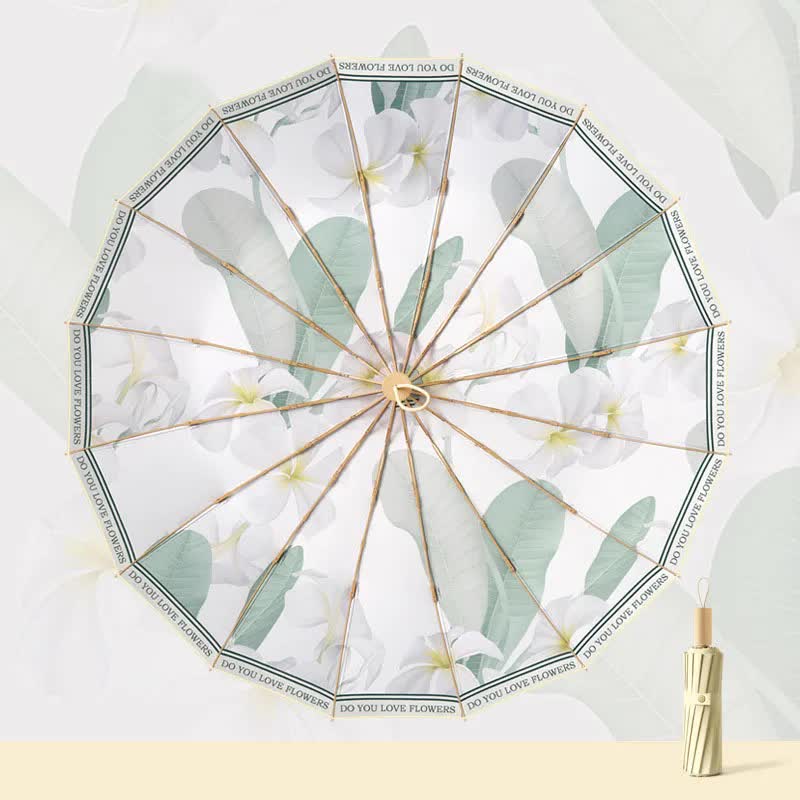 V888-ELOSUNG11237-208654-00 Traditional Chinese Style Folding Umbrella - Green Floral Design with 16-Rib Structure - Image 1