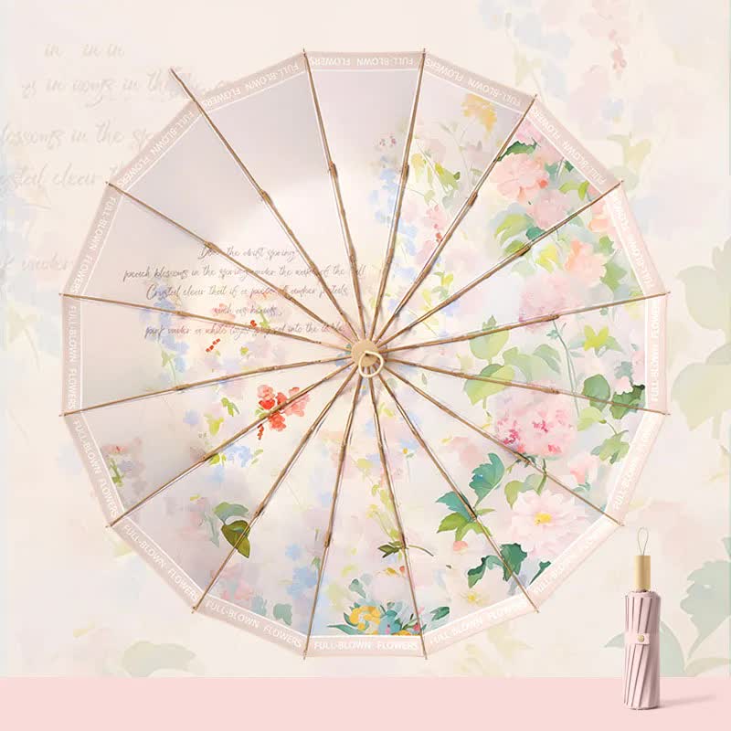 V888-ELOSUNG11238-208655-00 Traditional Chinese Style Folding Umbrella - Pink Floral Design with 16-Rib Structure - Image 1