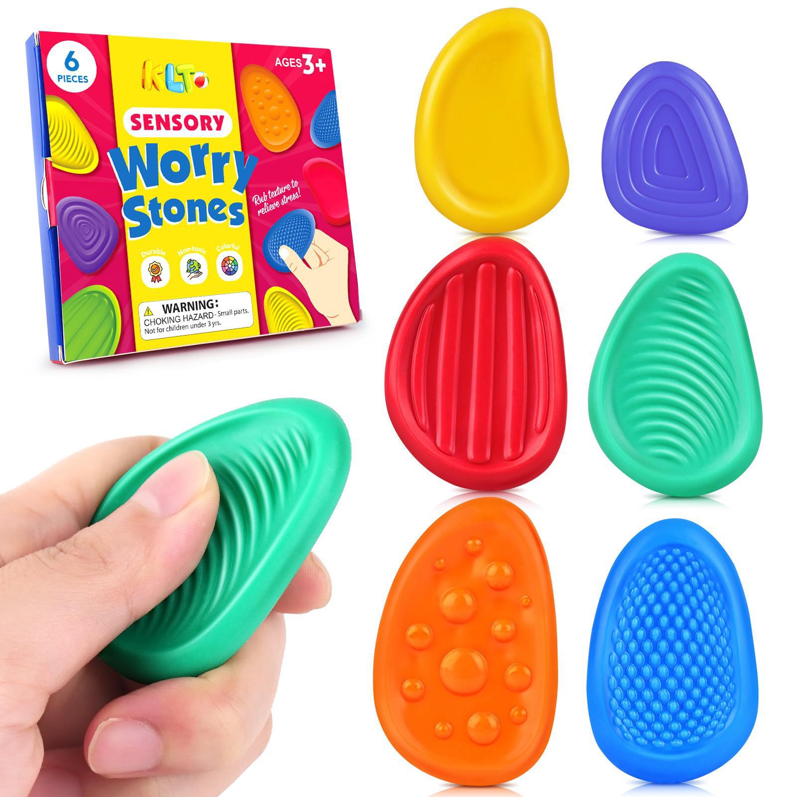 V888-ELOSUNG11245-208607-00 Sensory Worry Stones for Kids | 6-Piece Fidget Stress Relief Set for Ages 3+(2 set, 12PCS in total) - Image 1