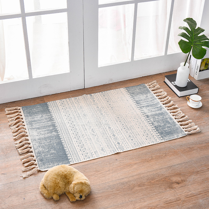 V888-ELOSUNG11278-208872-00 Bohemian Cotton Area Rug with Tassels - Geometric Pattern, Decorative Floor Mat 60*90cm - Image 1