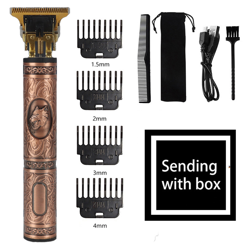 V888-ELOSUNG11354-209316-00 Wolf Emblem Vintage Cordless Hair Trimmer (Red) - Professional Grooming Kit with Adjustable Guards, USB Charging, and Accessories - Image 1