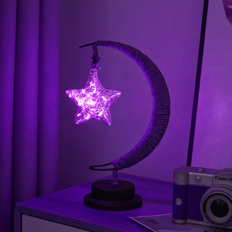 V888-ELOSUNG11494-211050-00 LED Multi-Shape Decorative Lights Purple Star, Moon, Apple USB Night Lights with Handmade Hemp Rope, Warm Iron Craft, Perfect Birthday & Christmas Gift - Image 1