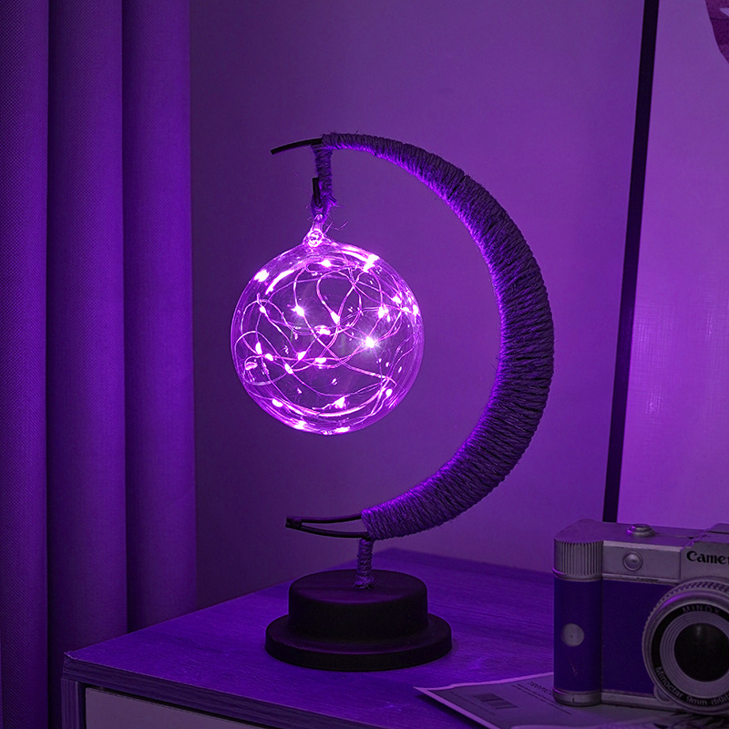 V888-ELOSUNG11495-211051-00 LED Multi-Shape Decorative Lights Purple Star, Moon, Apple USB Night Lights with Handmade Hemp Rope, Warm Iron Craft, Perfect Birthday & Christmas Gift - Image 1