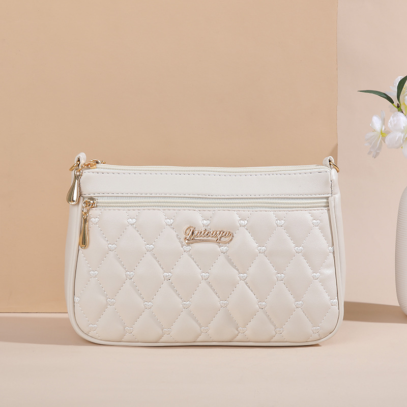 V888-ELOSUNG11553-209471-00 White PU Leather Quilted Crossbody Bag for Women - Compact Multi-Compartment Shoulder Purse - Image 1