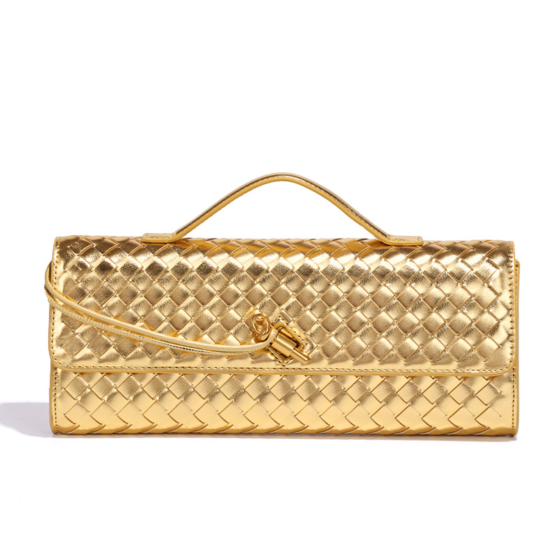V888-ELOSUNG11557-209475-00 Gold Luxury Woven PU Leather Clutch - Elegant Women's Evening Baguette Bag with Adjustable Shoulder Strap - Image 1