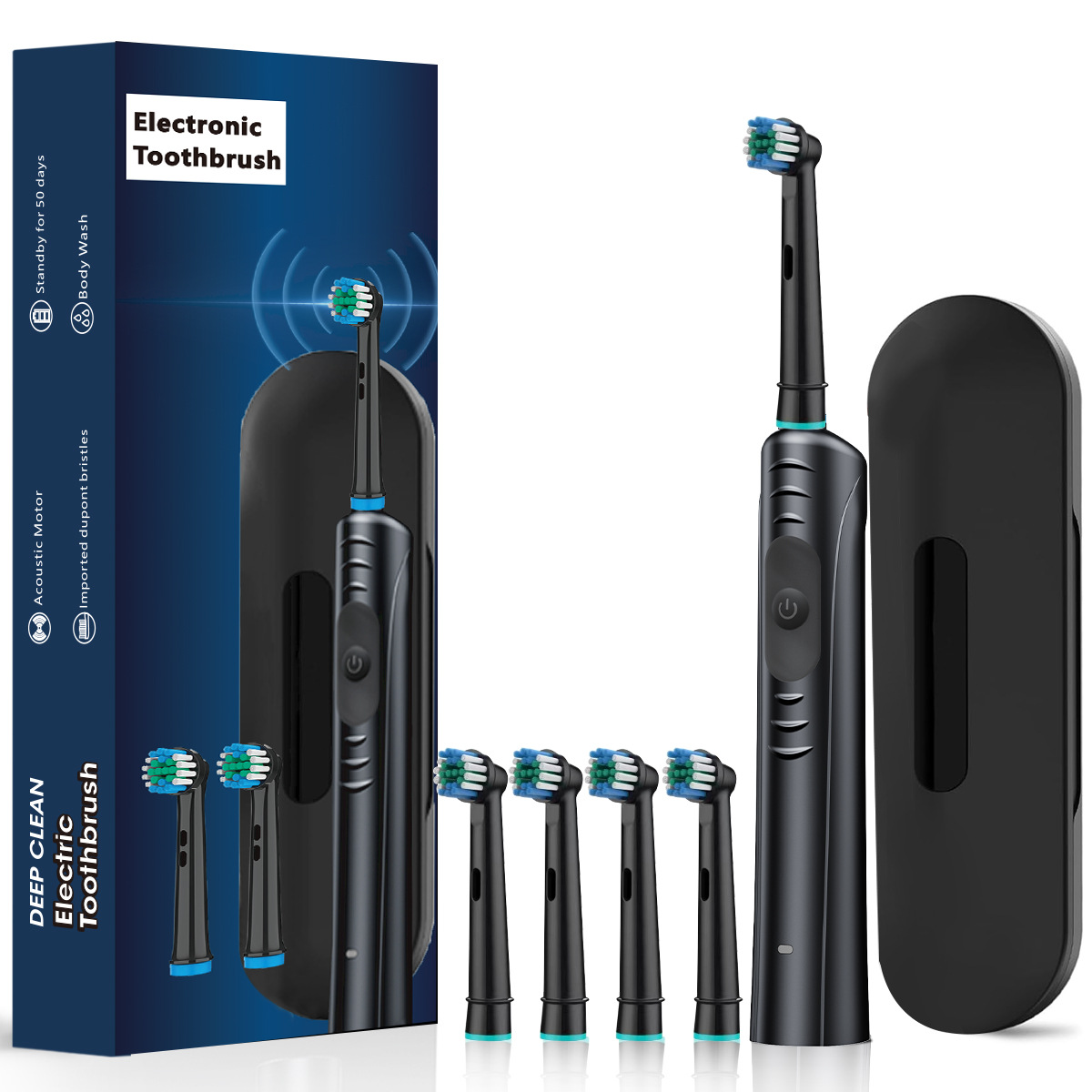 V888-ELOSUNG11616-209579-00 Black Rechargeable Electric Toothbrush with Travel Case - 4 Replacement Heads for Deep Cleaning - Image 1