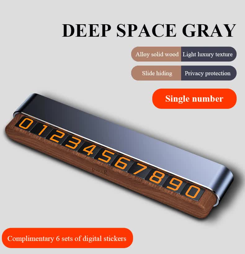 V888-ELOSUNG11667-209669-00 Gray Premium Alloy and Wood Temporary Parking Card - Sliding Design for Privacy, Includes 6 Number Sets - Image 1
