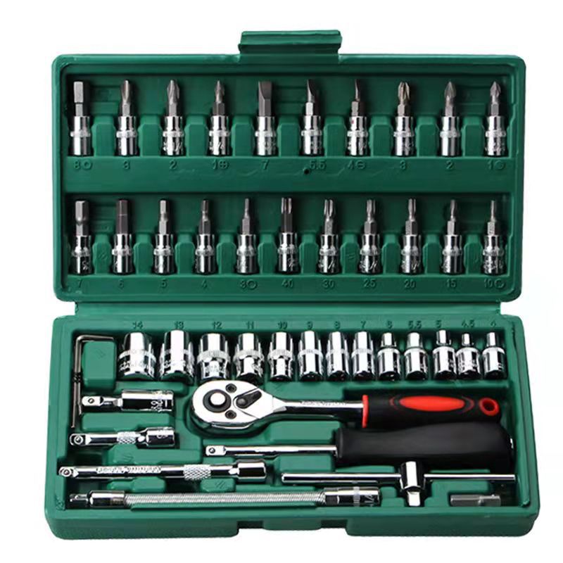 V888-ELOSUNG11672-209680-00 46-Piece Professional Socket Wrench Set - 1/4 Drive, Chrome Vanadium Steel, Ratchet & Bit Kit for Automotive and Household Repairs Green Box - Image 1