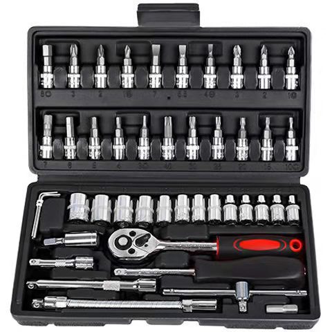 V888-ELOSUNG11673-209681-00 46-Piece Professional Socket Wrench Set - 1/4 Drive, Chrome Vanadium Steel, Ratchet & Bit Kit for Automotive and Household Repairs Black Box - Image 1