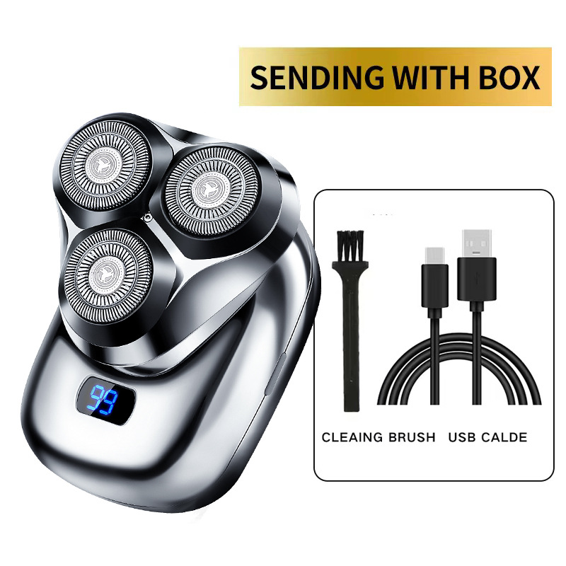 V888-ELOSUNG11690-209758-00 TS-099 Gray Rechargeable Electric Rotary Shaver for Men with LED Display, USB Charging Cable, and Cleaning Brush - Compact & Portable Design - Image 1