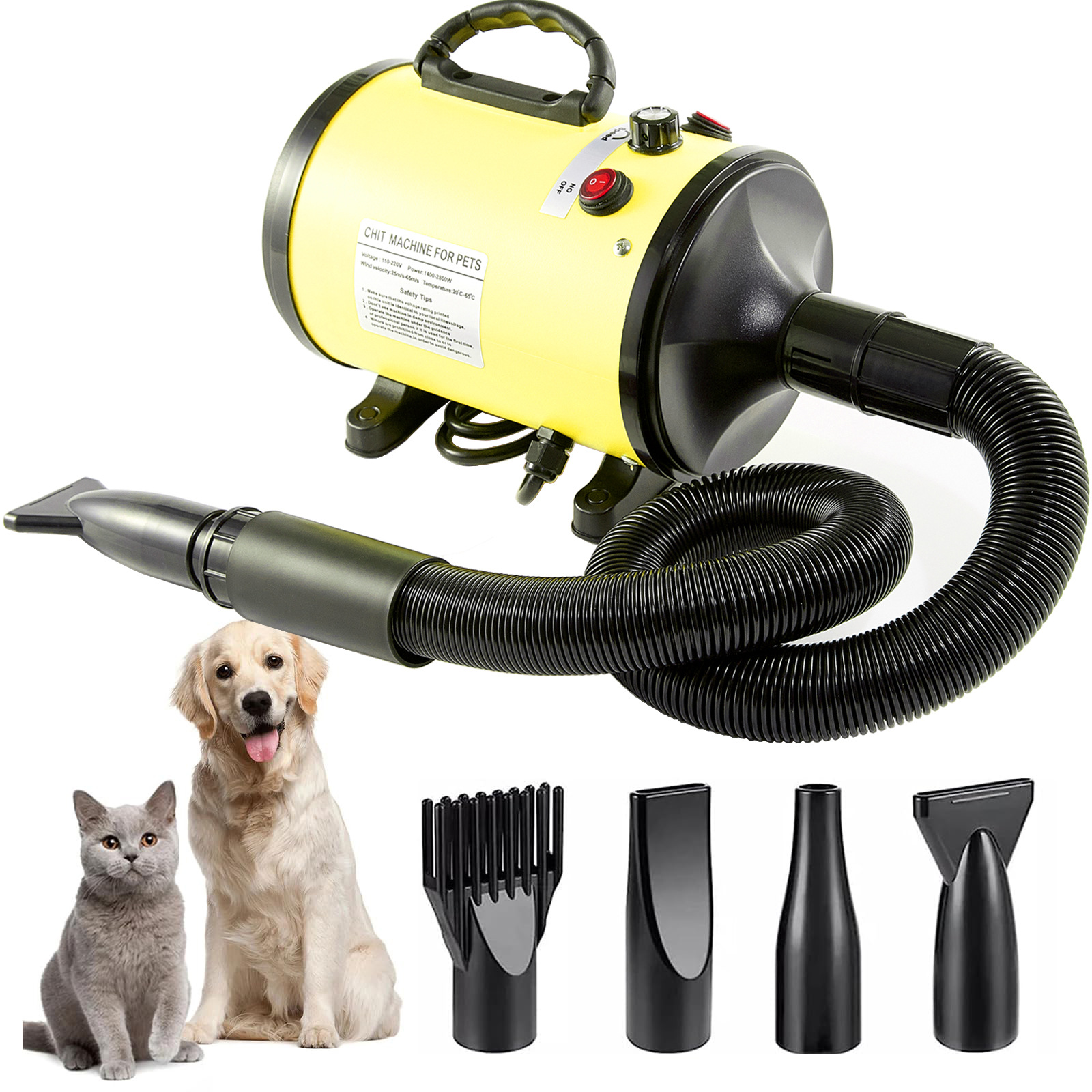 V888-ELOSUNG11776-209889-00 Pet Hair Dryer with Multiple Nozzles - Powerful and Quiet for Dogs and Cats (Yellow) - Image 1
