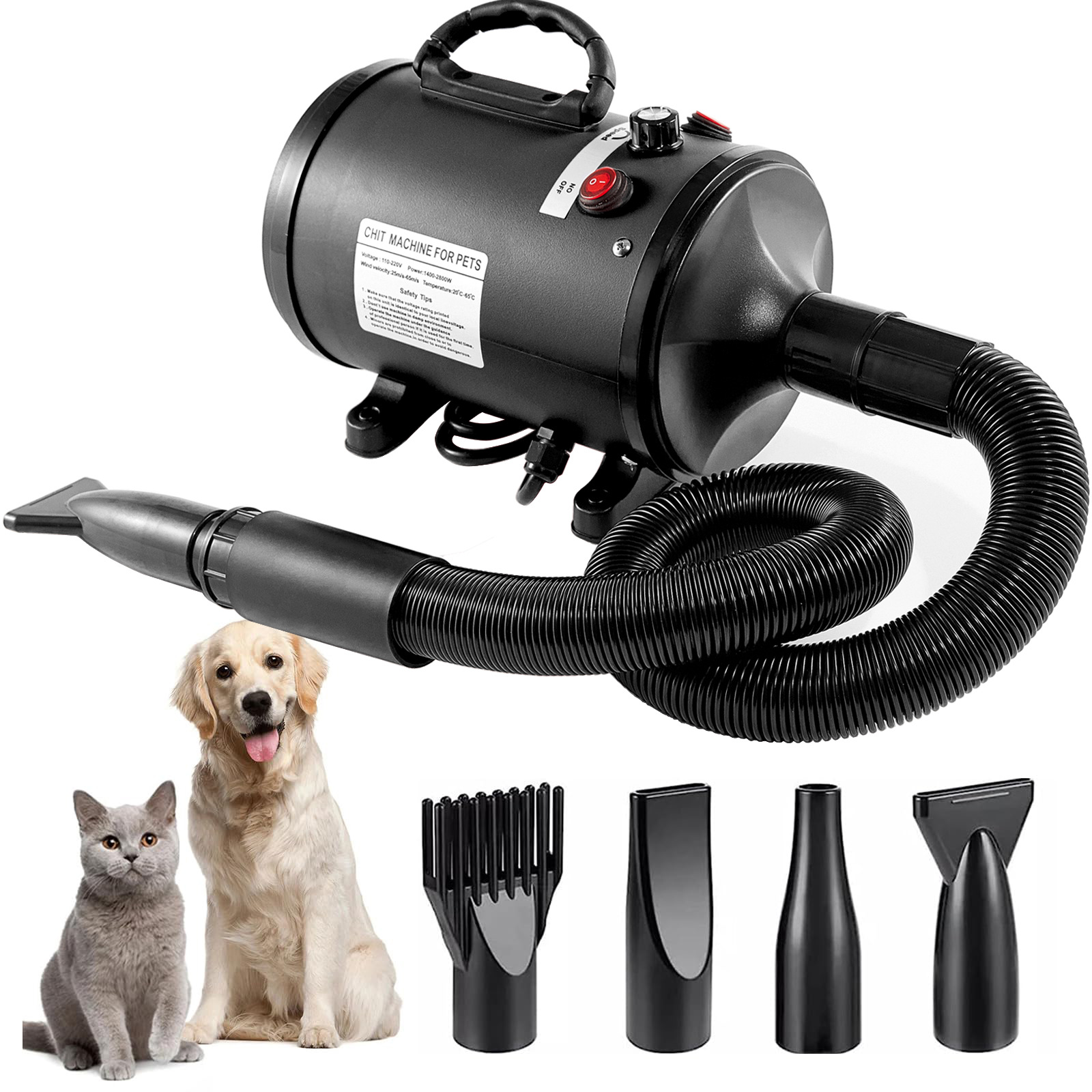 V888-ELOSUNG11777-209890-00 Pet Hair Dryer with Multiple Nozzles - Powerful and Quiet for Dogs and Cats (Black) - Image 1