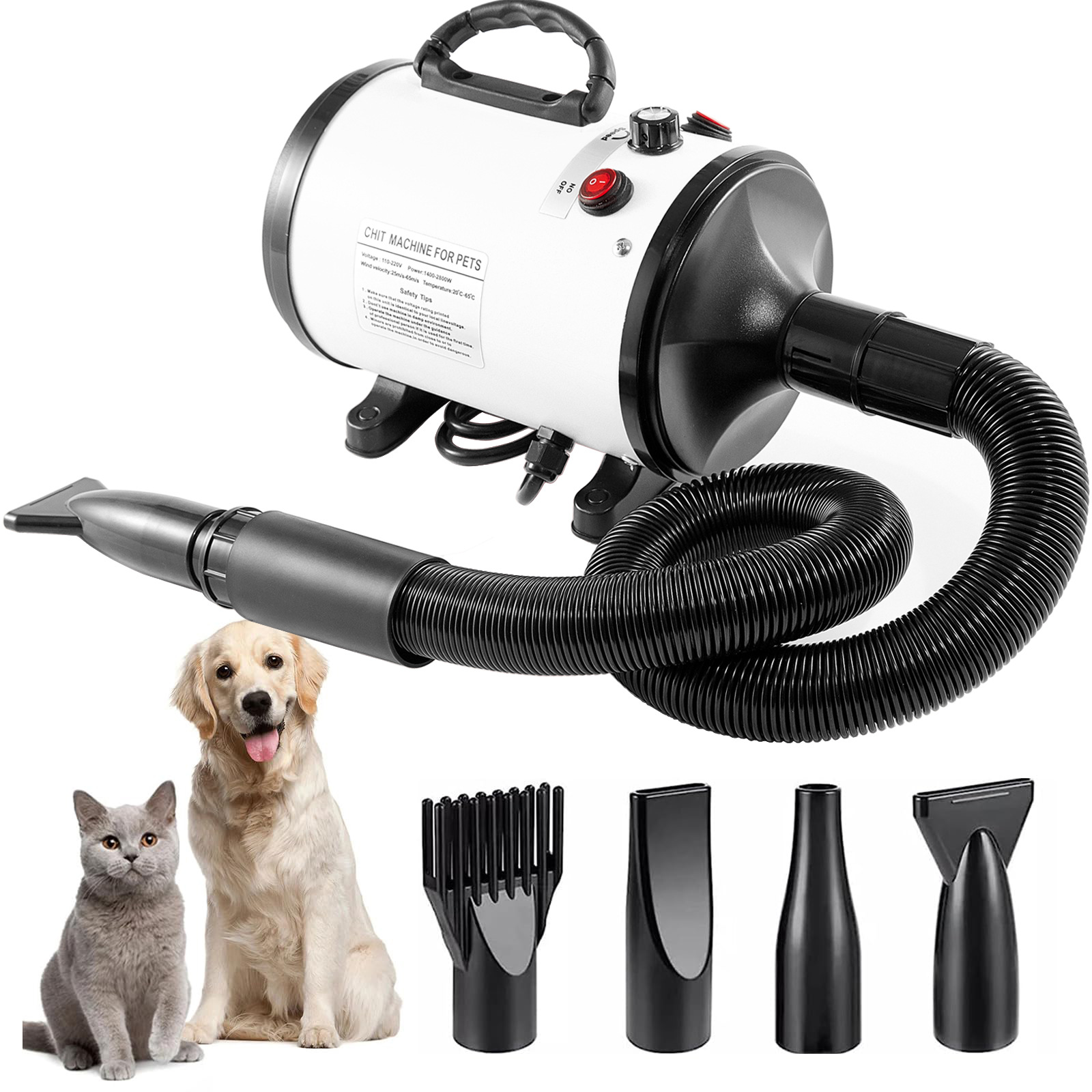 V888-ELOSUNG11778-209891-00 Pet Hair Dryer with Multiple Nozzles - Powerful and Quiet for Dogs and Cats (White) - Image 1