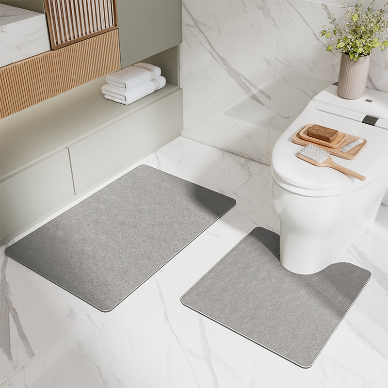 V888-ELOSUNG11781-209894-00 Gray Bathroom Floor Mat Set - U-Shaped Toilet Mat 50*50cm & Rectangular 40x60cm Mat for Bathroom - Image 1
