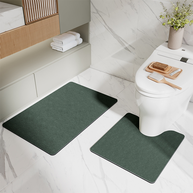 V888-ELOSUNG11790-209903-00 Green Bathroom Floor Mat Set - U-Shaped Toilet Mat 50*50cm & Rectangular 60x90cm Mat for Bathroom - Image 1