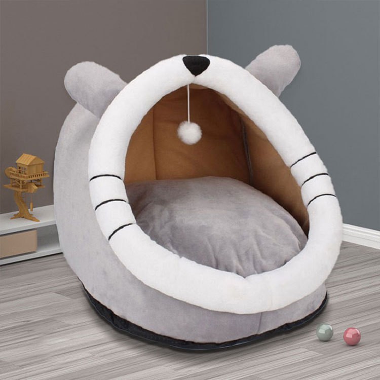 V888-ELOSUNG11798-209953-00 Gray Totoro Half-Enclosed Cat Bed - Soft Short Velvet Fabric with Sponge + PP Cotton Filling, M Size (35x35x30cm) - Image 1