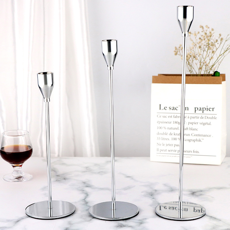 V888-ELOSUNG11813-209919-00 Minimalist Silver Metal Candle Holder Set - 3-Piece Romantic Candle Cup Set for Living Room Decor, Elegant Dinner Table Accent - Image 1