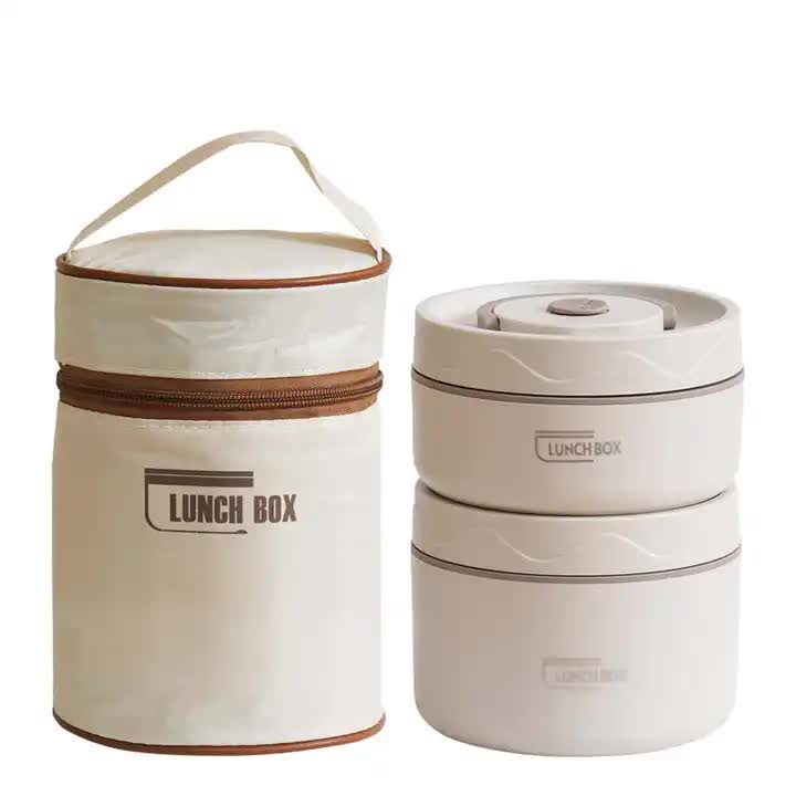 V888-ELOSUNG11876-210386-00 Beige 304 Stainless Steel Microwave-Safe Lunch Box Set (2-Pack) with Insulated Bag, Removable liner, 400+600ML - Image 1