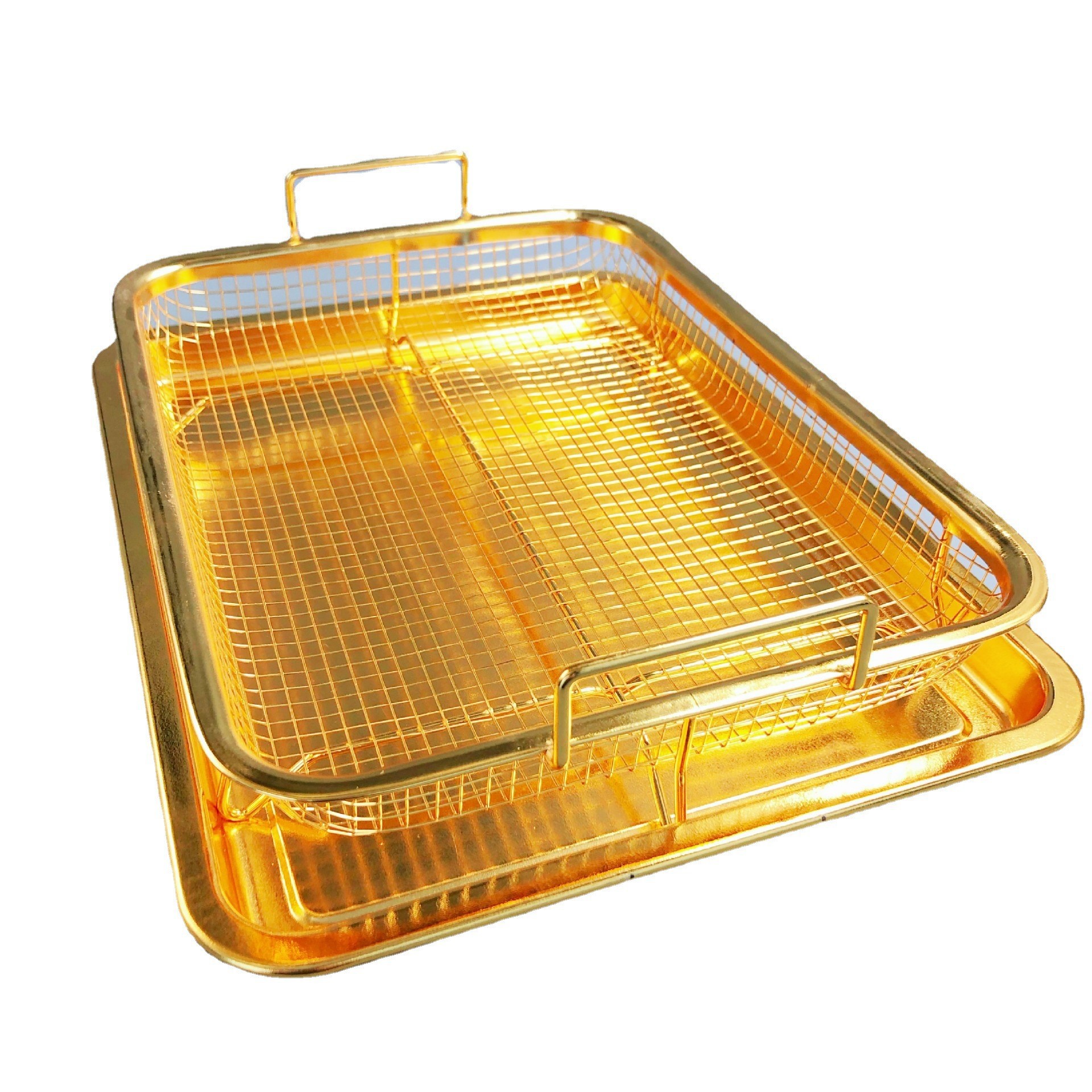 V888-ELOSUNG11880-210392-00 BBQ Square Non-Stick Stainless Steel Grill Basket - Gold Color, Small Size (30*22*5.5 cm), Ideal for Grilling Meat and Vegetables - Image 1
