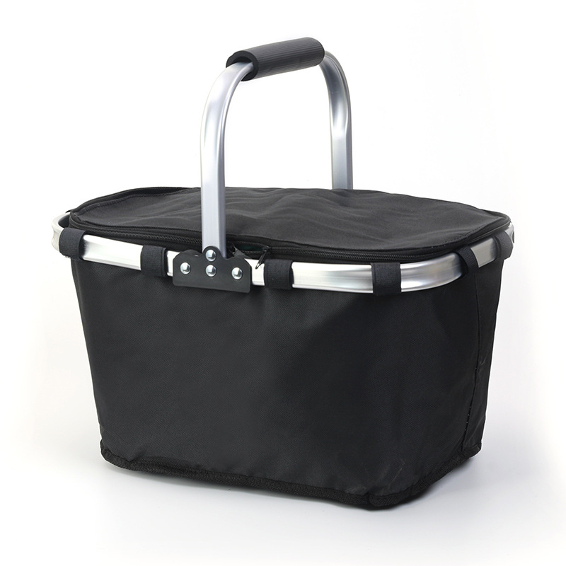 V888-ELOSUNG11925-210624-00 Black Portable Picnic Basket - Foldable Insulated Outdoor Shopping Basket, Meal Delivery & Takeout Carrier - Image 1