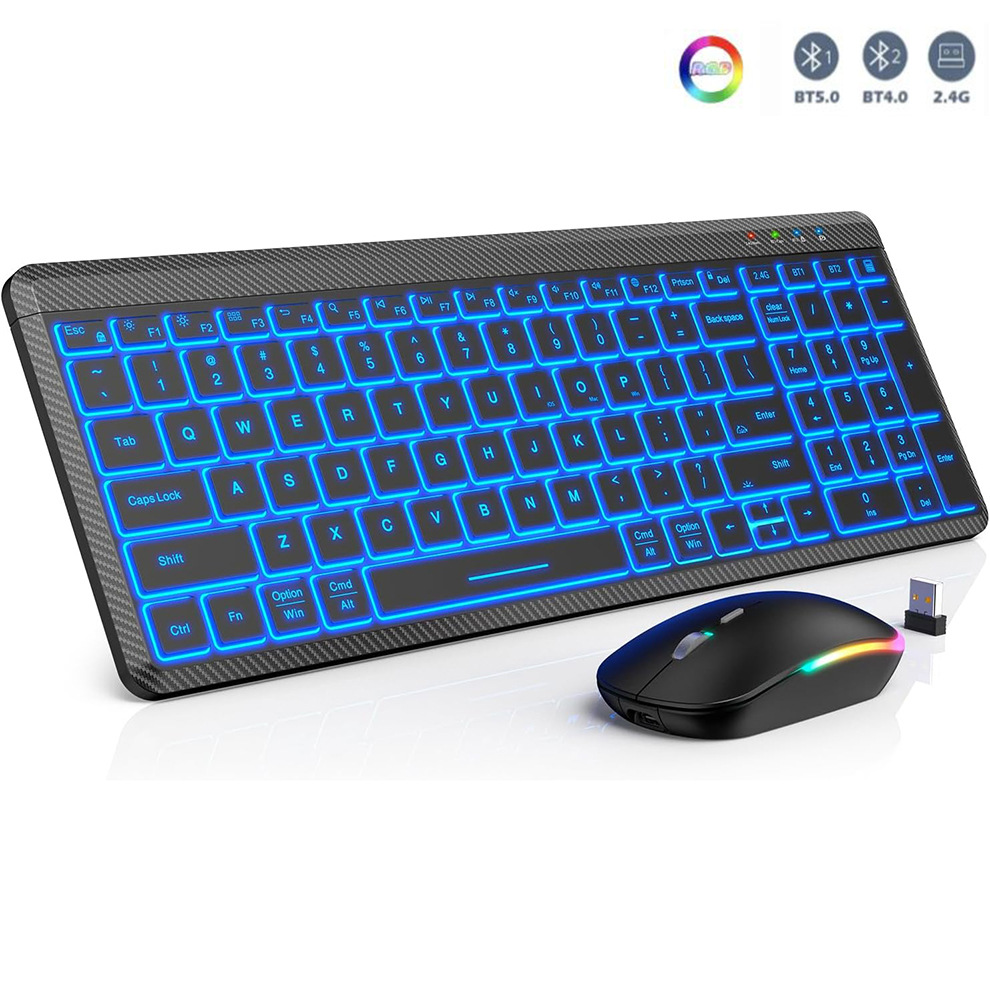 V888-ELOSUNG11931-210727-00 Ultra-Thin Wireless Backlit Keyboard & Mouse Combo - Rechargeable, Multi-Device Bluetooth for Mac, Windows, iOS - Image 1
